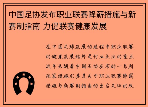 中国足协发布职业联赛降薪措施与新赛制指南 力促联赛健康发展